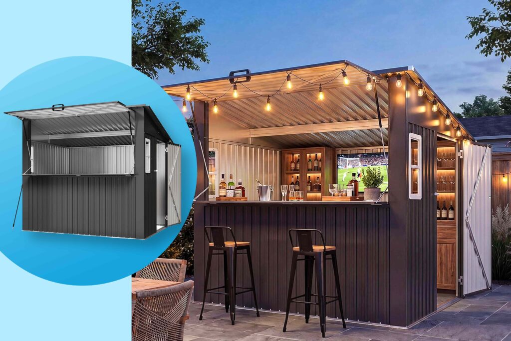 This Outdoor Shed Transforms Into a Bar with a Cozy Pop-Up Canopy for Fall Hosting — It’s Under $1K at Amazon