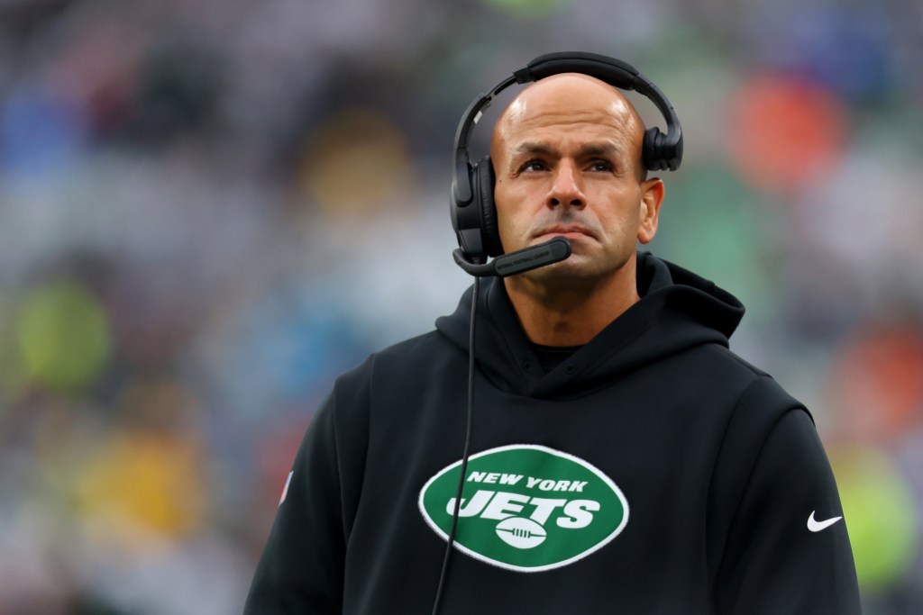 Head coach Robert Saleh of the New York Jets looks on in the first half of a game against the Chicago Bears at MetLife Stadium on November 27, 2022 in East Rutherford, New Jersey. (Photo by Mike Stobe/Getty Images)