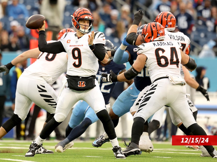 Joe Burrow #9 of the Cincinnati Bengals throws the ball against the Tennessee Titans at Nissan Stadium on December 15, 2024 in Nashville, Tennessee