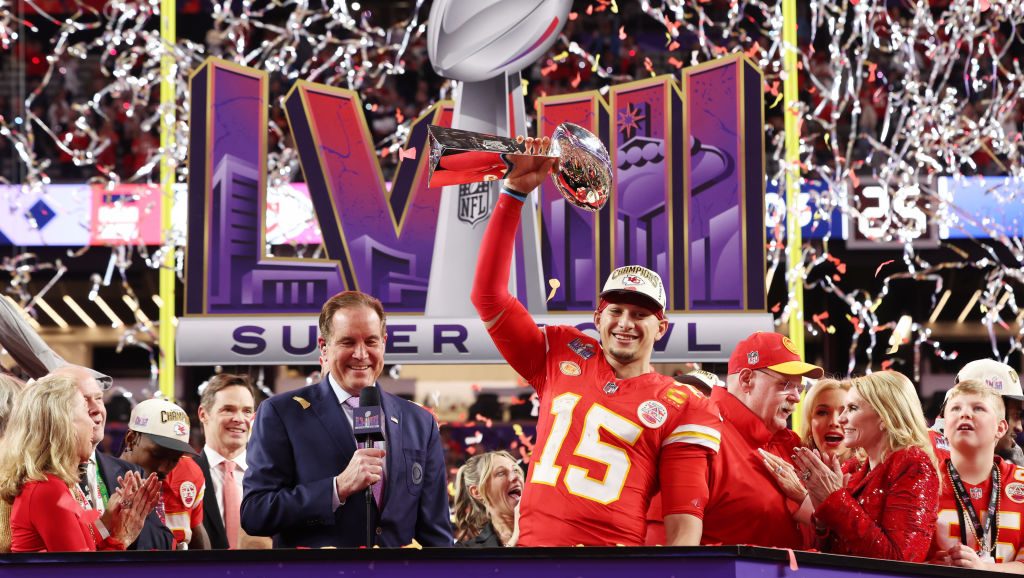 LAS VEGAS, NEVADA - FEBRUARY 11: Patrick Mahomes #15 of the Kansas City Chiefs holds the Lombardi Trophy after defeating the San Francisco 49ers 25-22 during Super Bowl LVIII at Allegiant Stadium on February 11, 2024 in Las Vegas, Nevada. (Photo by Jamie Squire/Getty Images)