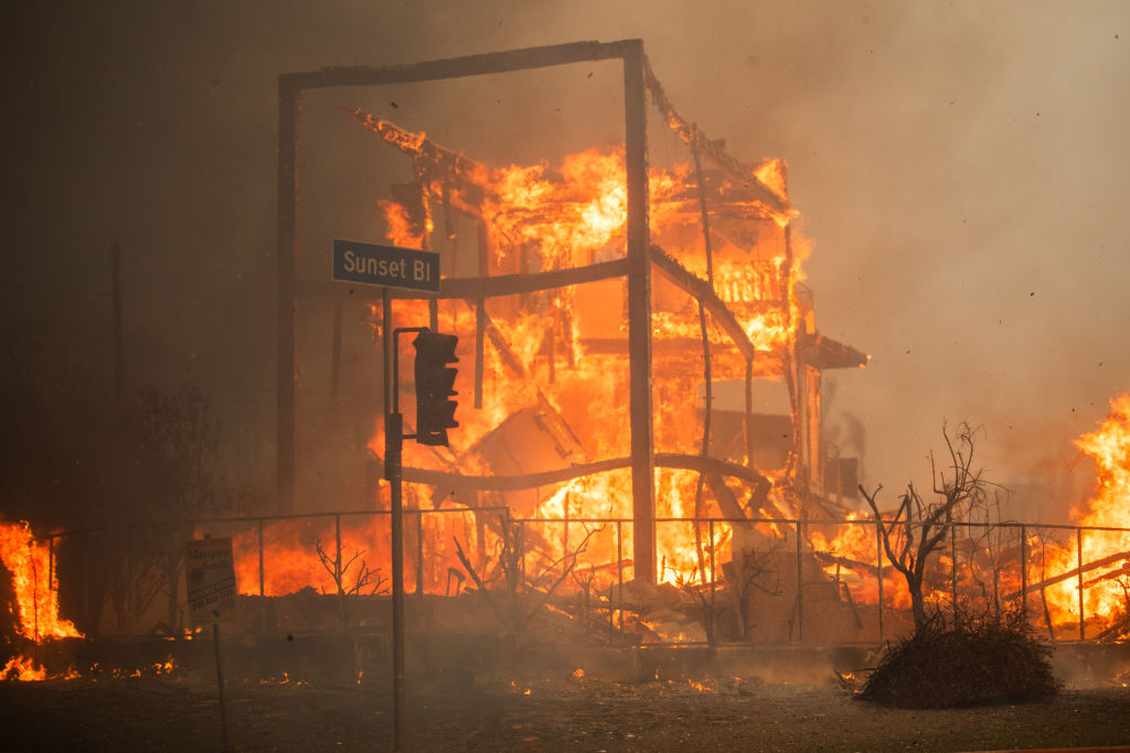 LOS ANGELES, CALIFORNIA - JANUARY 8: Flames from the Palisades Fire burn a building on Sunset Boulevard amid a powerful windstorm on January 8, 2025 in the Pacific Palisades neighborhood of Los Angeles, California. Fueled by intense Santa Ana Winds, the Palisades Fire has grown to over 15,000 acres and 30,000 people have been ordered to evacuate while a second major fire continues to burn near Eaton Canyon in Altadena. (Photo by Apu Gomes/Getty Images)