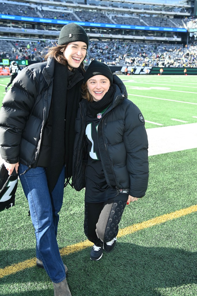 EAST RUTHERFORD, NEW JERSEY - DECEMBER 01: (L-R) Kate Harrison and Chloë Grace Moretz are seen at a game between the New York Jets and Seattle Seattle Seahawks at MetLife Stadium on December 01, 2024 in East Rutherford, New Jersey. (Photo by Michael Simon/GC Images)