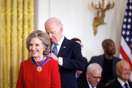 WASHINGTON, DC - JANUARY 4: Former U.S. Secretary of State Hillary Clinton is awarded the Presidential Medal of Freedom by U.S. President Joe Biden in the East Room of the White House on January 4, 2025 in Washington, DC. President Biden is awarding 19 recipients with the nation's highest civilian honor. (Photo by Tom Brenner/Getty Images)