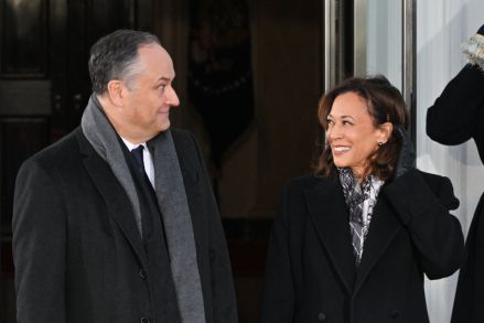 (L-R) US Second Gentleman Douglas Emhoff and Vice President Kamala Harris wait for the arrival of Vice President-elect JD Vance and Usha Vance to the White House in Washington, DC, on January 20, 2025, before departing for the US Capitol for the inauguration ceremony. (Photo by ROBERTO SCHMIDT / AFP) (Photo by ROBERTO SCHMIDT/AFP via Getty Images)