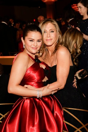 Selena Gomez and Jennifer Aniston at the 81st Annual Golden Globe Awards, airing live from the Beverly Hilton in Beverly Hills, California on Sunday, January 7, 2024, at 8 PM ET/5 PM PT, on CBS and streaming on Paramount+. Photo: Francis Specker/CBS ©2024 CBS Broadcasting, Inc. All Rights Reserved.