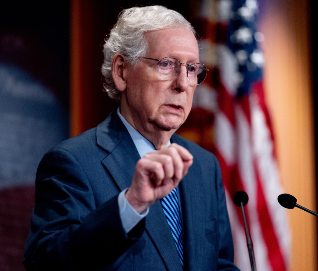 WASHINGTON, DC - APRIL 23: Senate Minority Leader Mitch McConnell (R-KY) speaks at a news conference on Capitol Hill on April 23, 2024 in Washington, DC. The Senate takes up a $95 billion foreign aid package today for Ukraine, Israel and Taiwan. (Photo by Andrew Harnik/Getty Images)