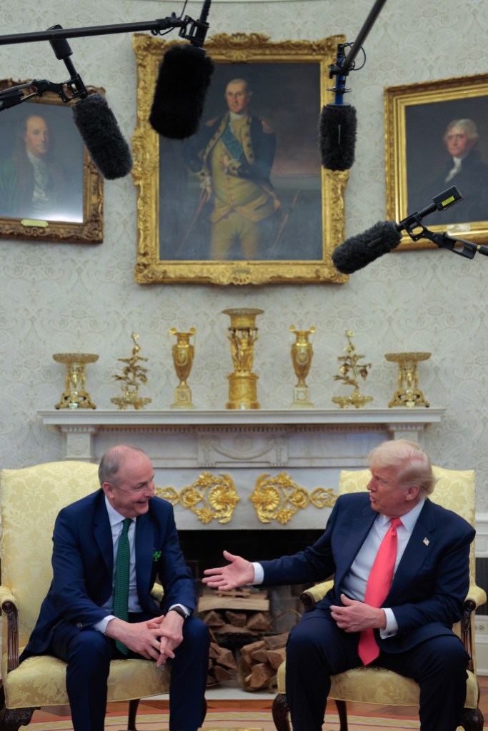 WASHINGTON, DC - MARCH 12: (L-R) Irish Taoiseach Micheal Martin and U.S. President Donald Trump speak while taking questions from journalists ahead of meetings in the Oval Office at the White House on March 12, 2025 in Washington, DC. Martin is visiting the United States for the Irish leader's annual St. Patrick's Day visit where he met with U.S. President Donald Trump ahead of a St. Patrick's Day luncheon with Congressional leaders. (Photo by Chip Somodevilla/Getty Images)