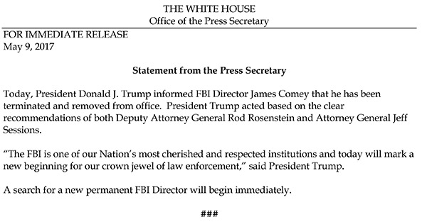 White House Fires James Comey