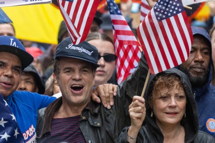 NEW YORK, NEW YORK - JUNE 14: Mark Ruffalo and Susan Sarandon, along with thousands of New Yorkers, march in opposition of Donald Trump's presidency on the day of the military parade celebrating the 250th anniversary of the U.S. Army on June 14, 2025 in New York, New York. Hundreds of marches and protests against the Trump administration are happening across the United States today. Today's parade coincides with President Trump's birthday. (Photo by Alex Kent/Getty Images)