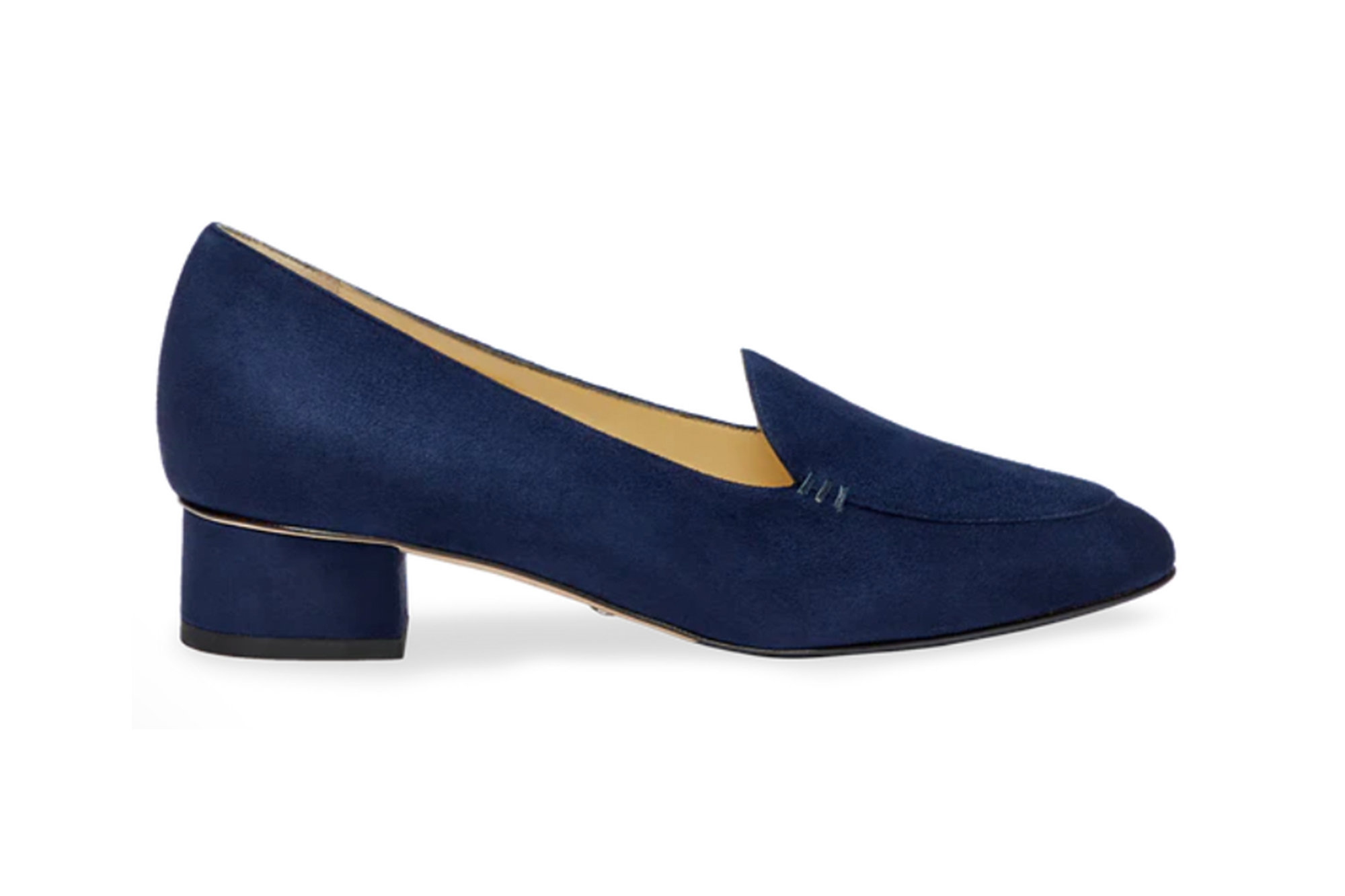 Navy blue suede loafer with a low block heel.