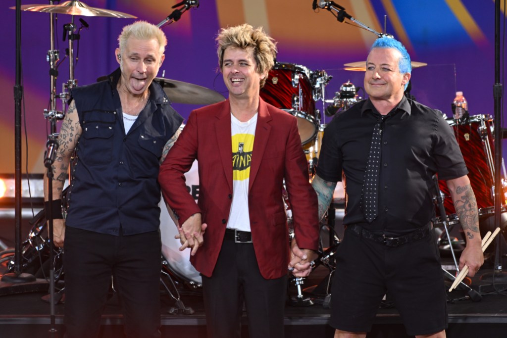 NEW YORK, NY - JULY 26: Mike Dirnt, Billie Joe Armstrong and Tre Cool of Green Day perform on ABC's "Good Morning America" on July 26, 2024 in New York City. (Photo by NDZ/Star Max/GC Images)