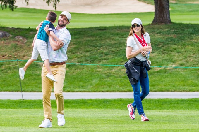 Justin Timberlake, wife Jessica Biel & their son Silas walking on the golf course in Crans Montana, Switzerland