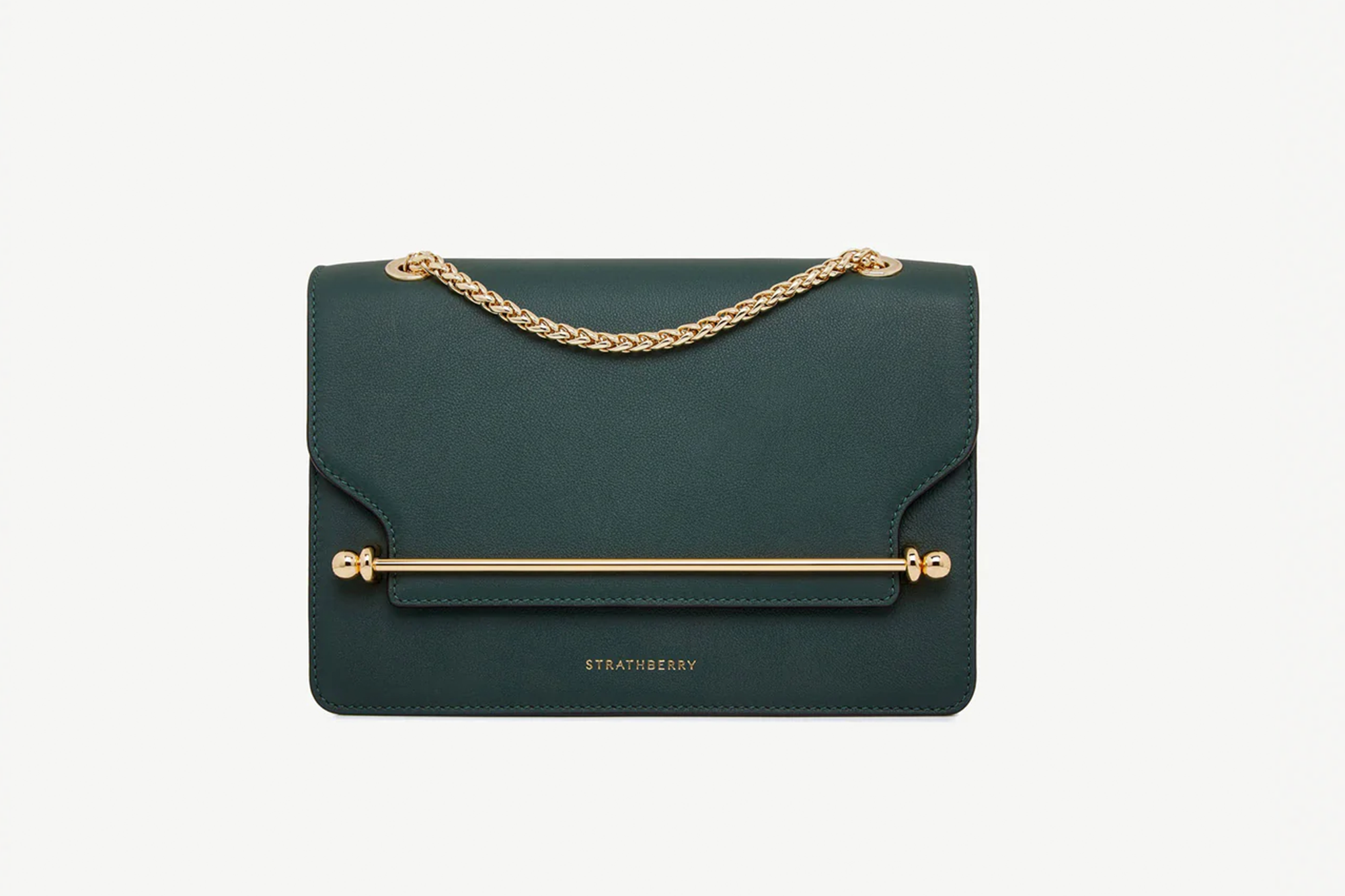 Dark green Strathberry purse with a gold chain and bar closure.