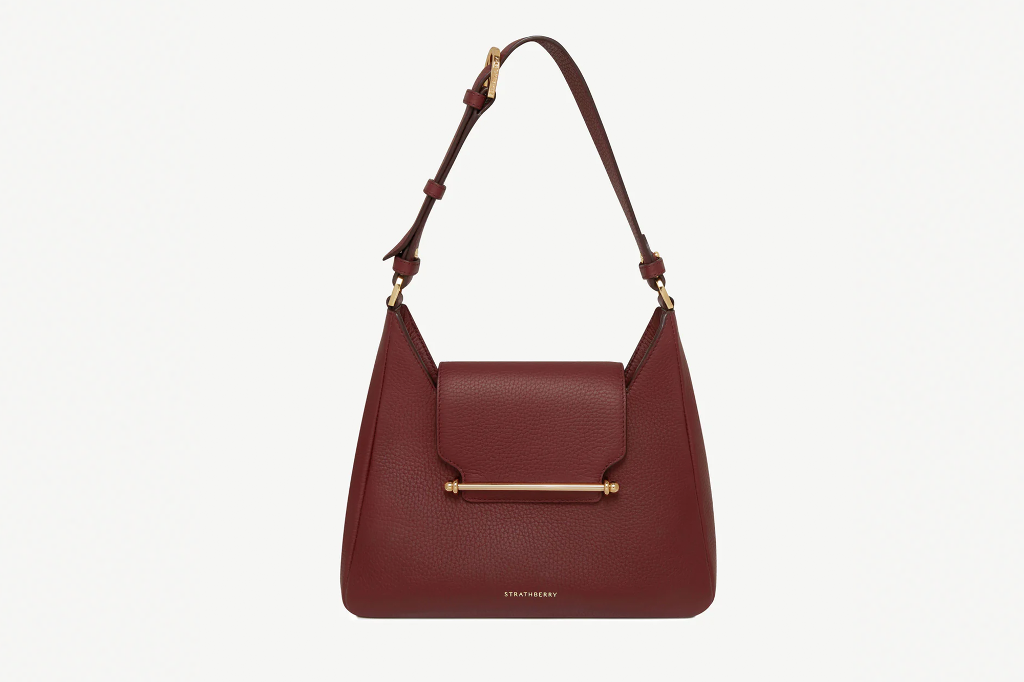 A dark red leather handbag with gold hardware and a shoulder strap.