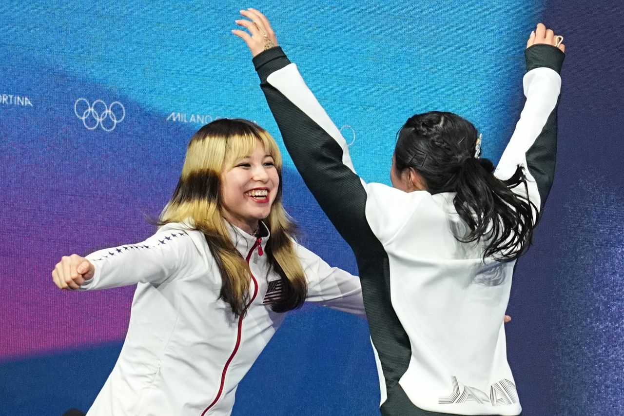 Alysa Liu (USA) and Ami Nakai (Japan) celebrate during the Women Single Skating Figure Skating, Day 13 of the Milano Cortina 2026 Winter Olympic games at Milano Ice Skating Arena on February 19, 2026 in Milan, Italy. Alysa Liu and Ami Nakai on Feb. 19, 2026 in Milan, Italy Ulrik Pedersen/NurPhoto via Getty
