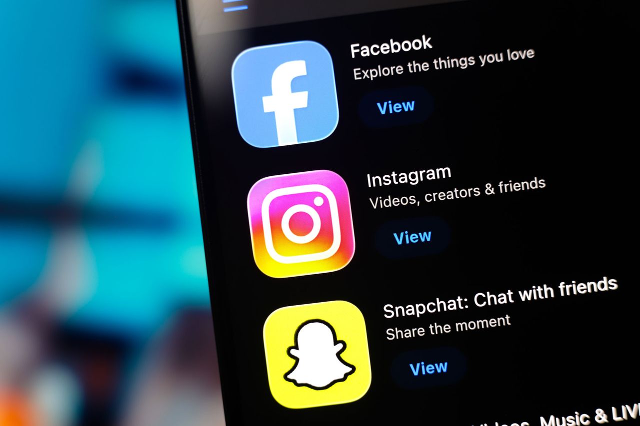 The Facebook, Instagram, and Snapchat logos are displayed on a smartphone screen in the Apple app store in this photo illustration in Ontario, Canada, on February 21, 2026. Smartphone displaying social media apps (stock image) Thomas Fuller/NurPhoto via Getty