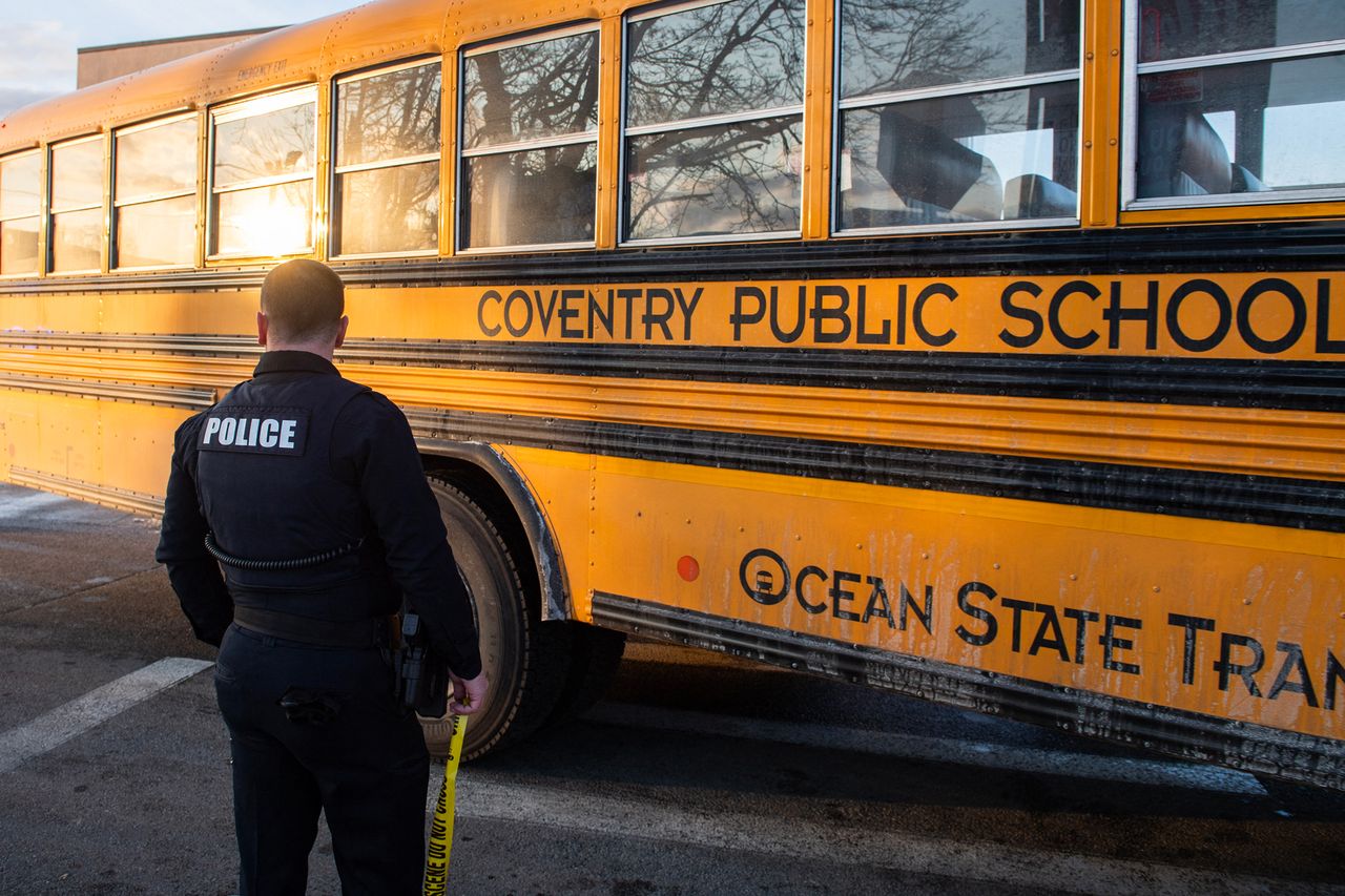 Police stand outside the perimeter they created around the Dennis M Lynch Arena where a shooting occurred earlier today in Pawtucket, Rhode Island, Police stand outside the perimeter they created around the Dennis M Lynch Arena where a shooting occurred earlier today in Pawtucket, Rhode Island, on February 16, 2026. Joseph Prezioso / AFP via Getty