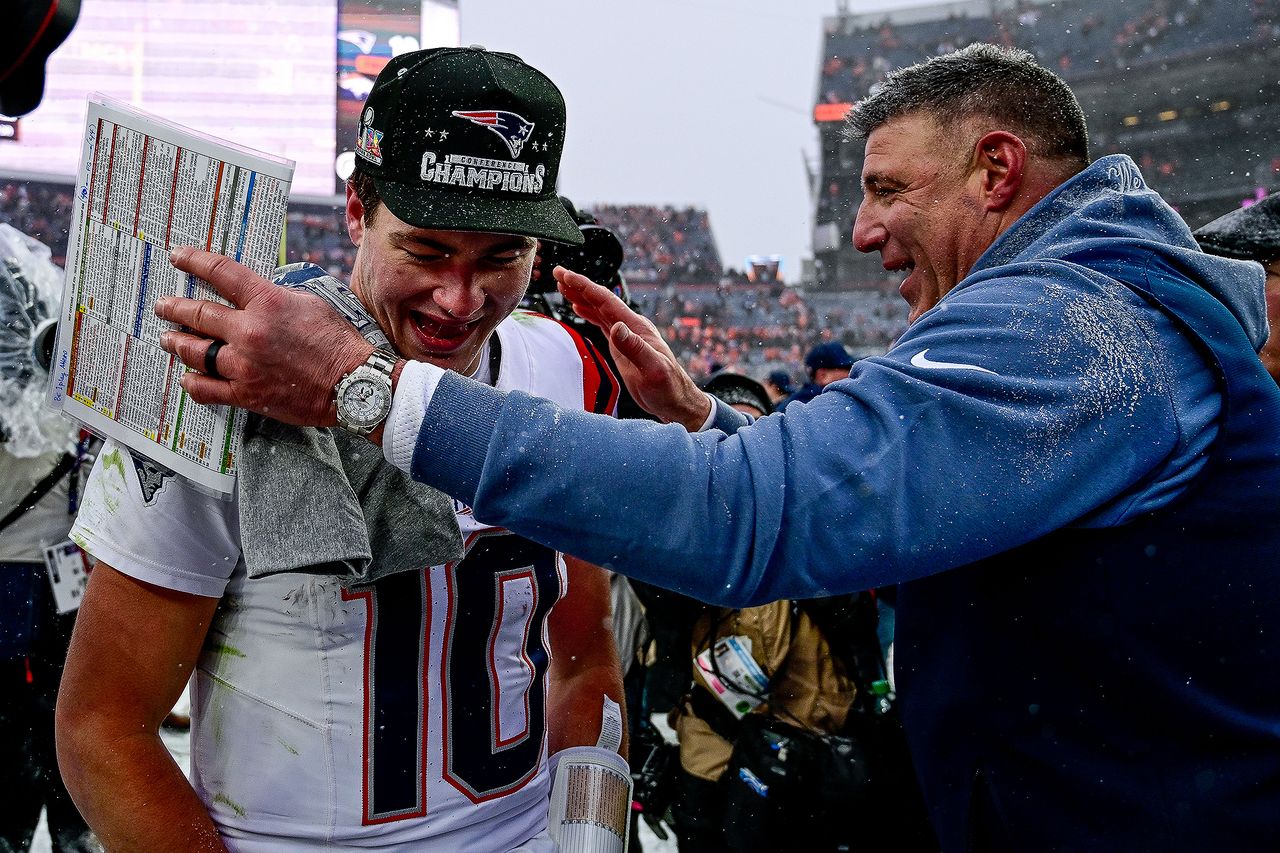 Drake Maye and Mike Vrabel after winning the AFC championship game on Jan. 25. Dustin Bradford/Icon Sportswire via Getty 