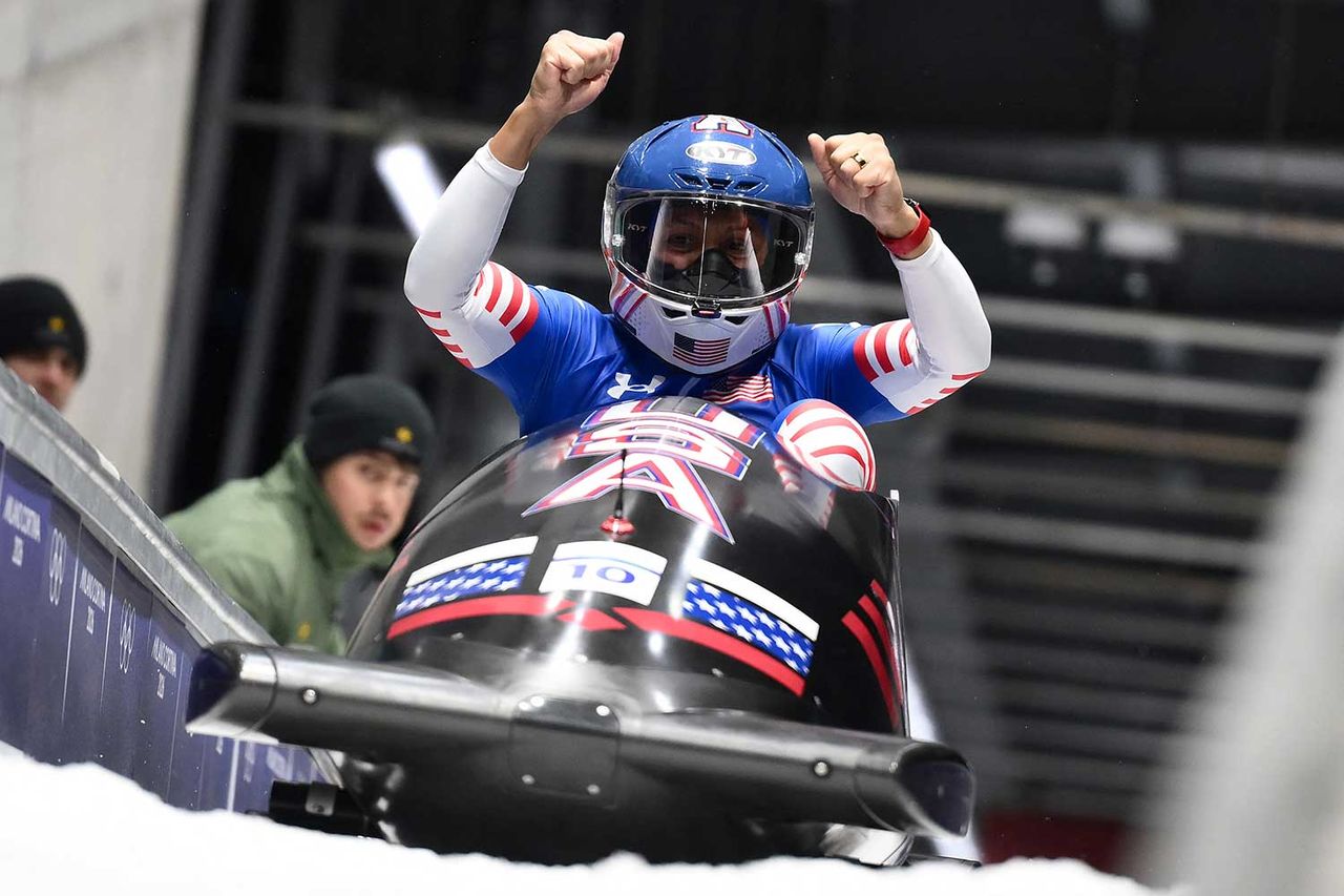 USA's Elana Meyers Taylor reacts after competing to win gold in the bobsleigh women's monobob heat 4 at Cortina Sliding Centre during the Milano Cortina 2026 Winter Olympic Games in Cortina d'Ampezzo on February 16, 2026. Marco BERTORELLO / AFP via Getty