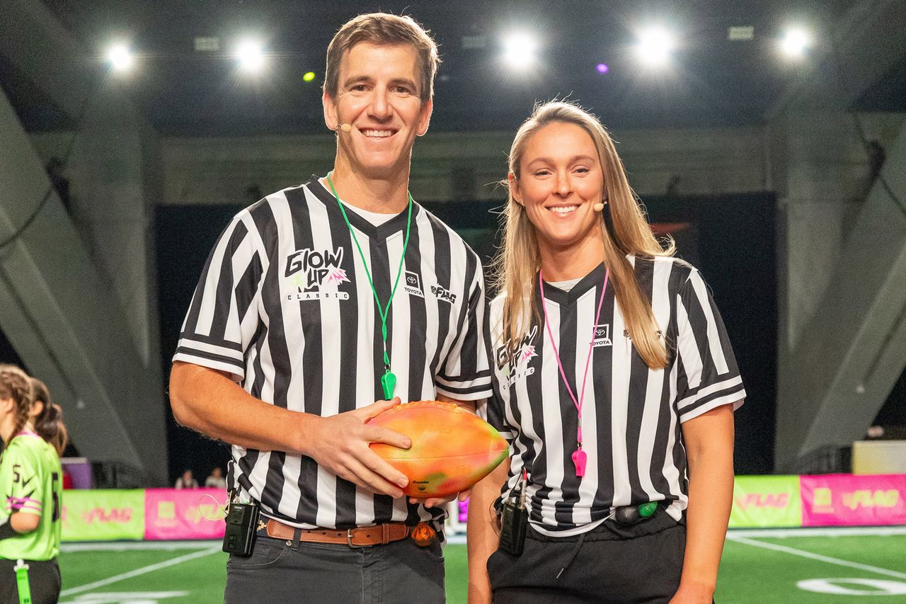 Eli Manning and Kylie Kelce at the 2026 Toyota Glow-Up Classic. Jeff Lewis/AP Content Services for Toyota Motor North America