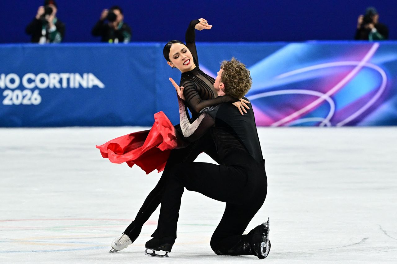 Madison Chock and Evan Bates during the ice dance free dance final on Feb. 11, 2026. JULIEN DE ROSA / AFP via Getty