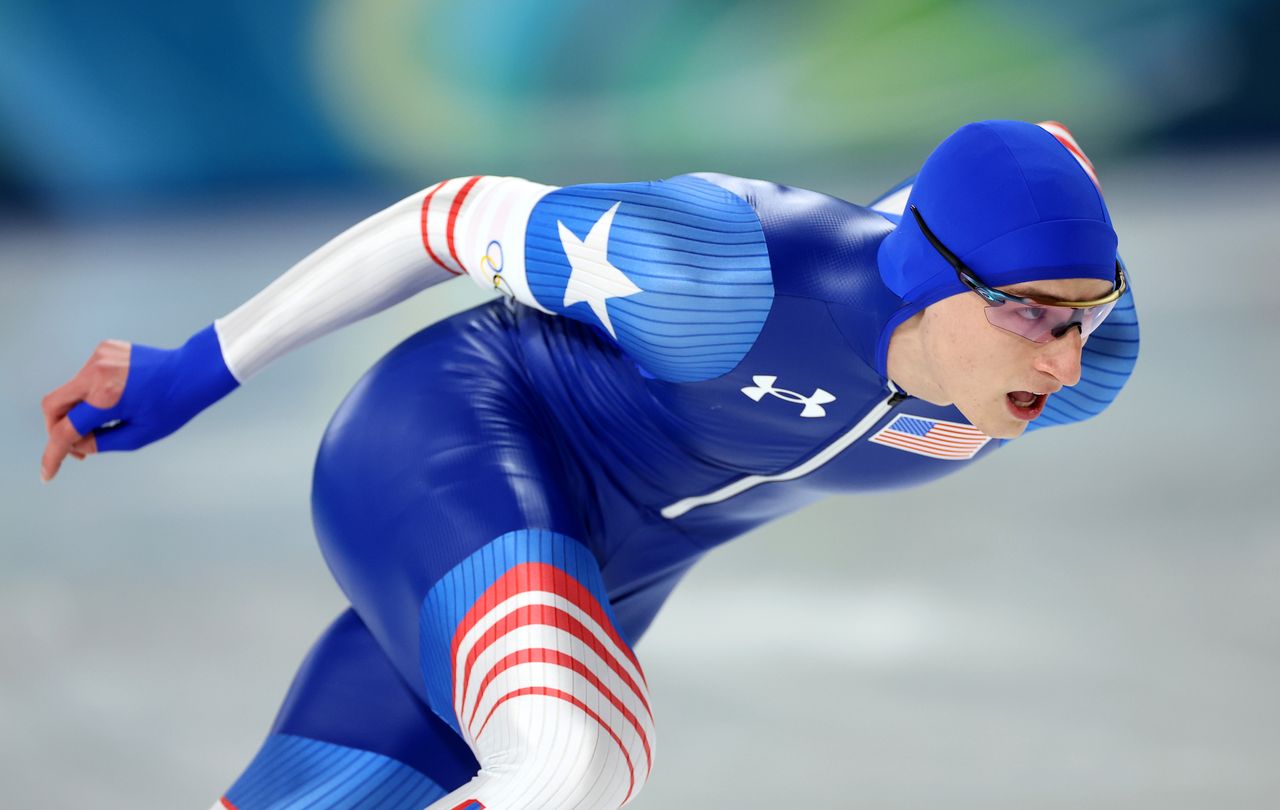 Jordan Stolz of Team United States competes during the Speed Skating Men's 1000m on day five of the Milano Cortina 2026 Winter Olympic games at Milano Speed Skating Stadium on February 11, 2026 in Milan, Italy. Jordan Stolz racing on Feb. 11 in Milan. Sarah Stier/Getty