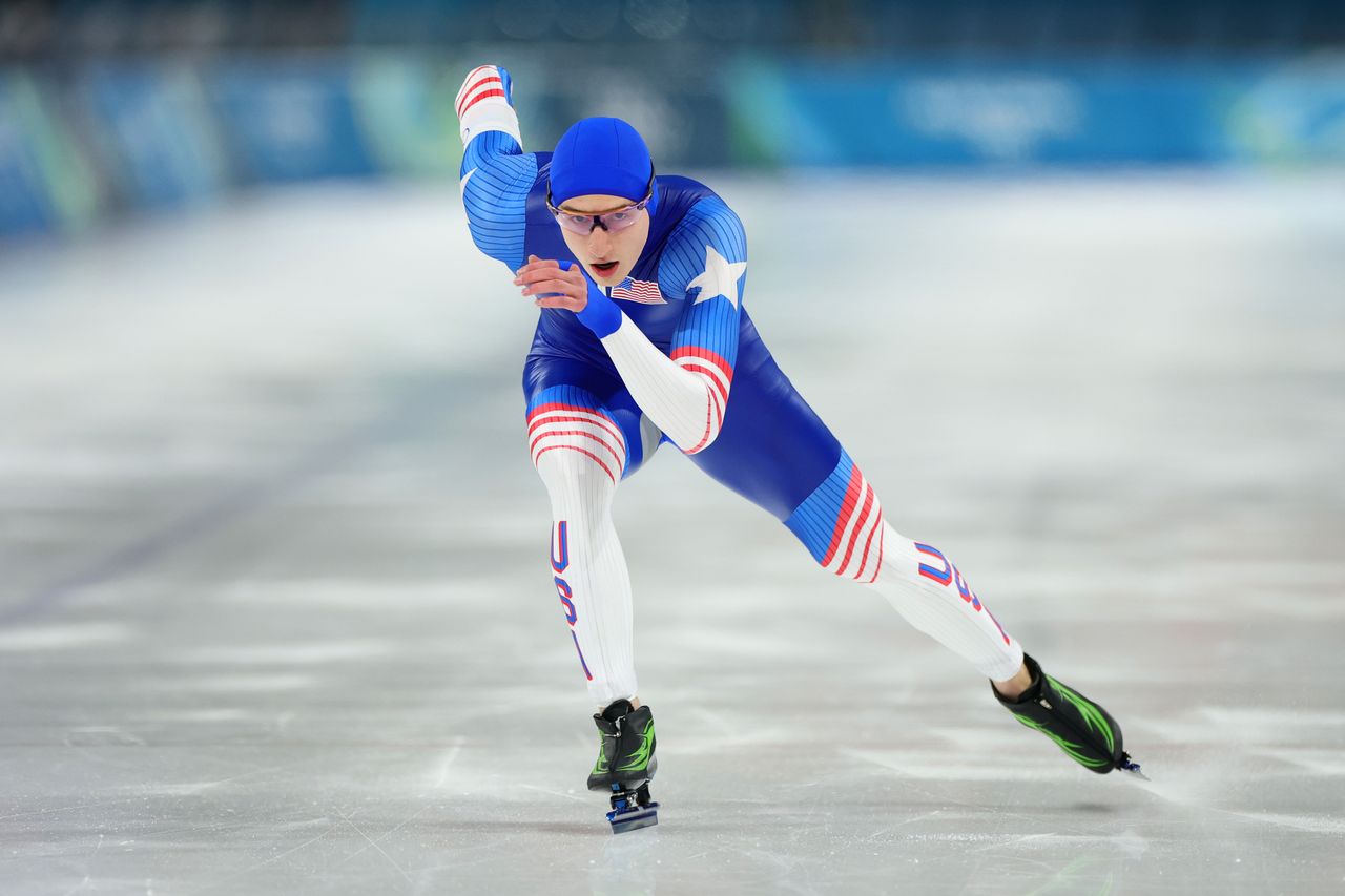 Jordan Stolz of Team United States competes during the Speed Skating Men's 500m on day eight of the Milano Cortina 2026 Winter Olympic games at Milano Speed Skating Stadium on February 14, 2026 in Milan, Italy. Jordan Stolz skates during the 500m at the 2026 Winer Olympics on Feb. 14. Andreas Rentz/Getty