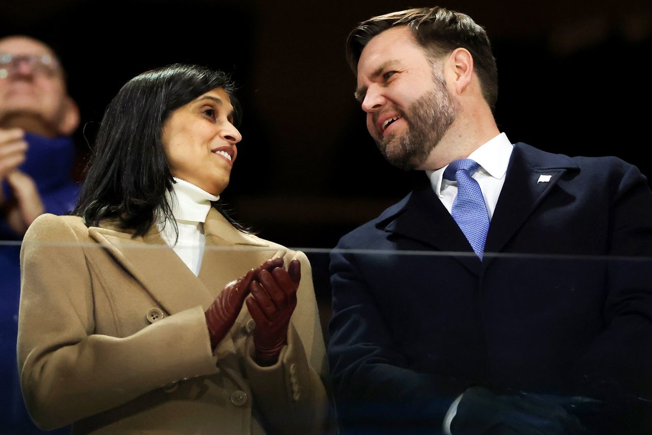 Usha and JD Vance attend the opening ceremony of the Milano Cortina 2026 Winter Olympics at San Siro Stadium on February 06, 2026 in Milan, Italy. Elsa/Getty