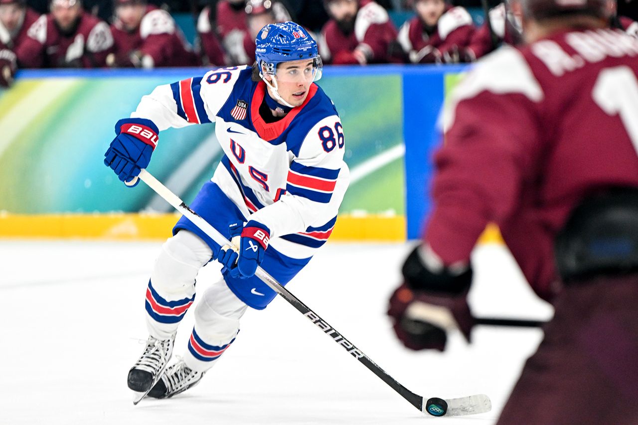 Jack Hughes of United States in action on day six of the Milano Cortina 2026 Winter Olympic games at Milano Santagiulia Ice Hockey Arena on February 12, 2026 in Milan, Italy Jack Hughes plays in the 2026 Winter Olympics Andrea Branca/Eurasia Sport Images/Getty