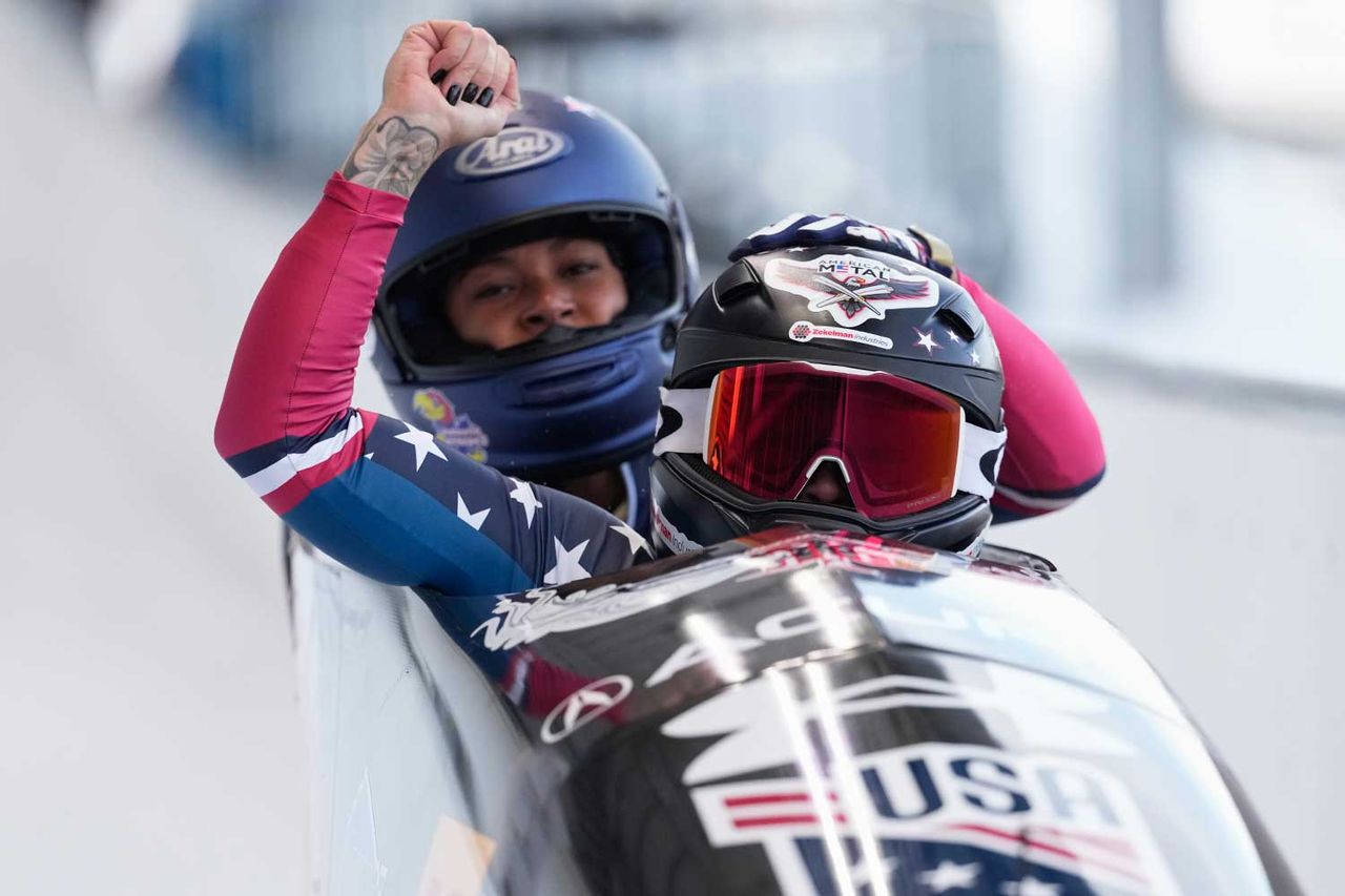 Jasmine Jones after her second run of the 2-woman bobsleigh race at the Bobsleigh World Cup in Innsbruck, Austria on Nov. 30, 2025 AP Photo/Matthias Schrader