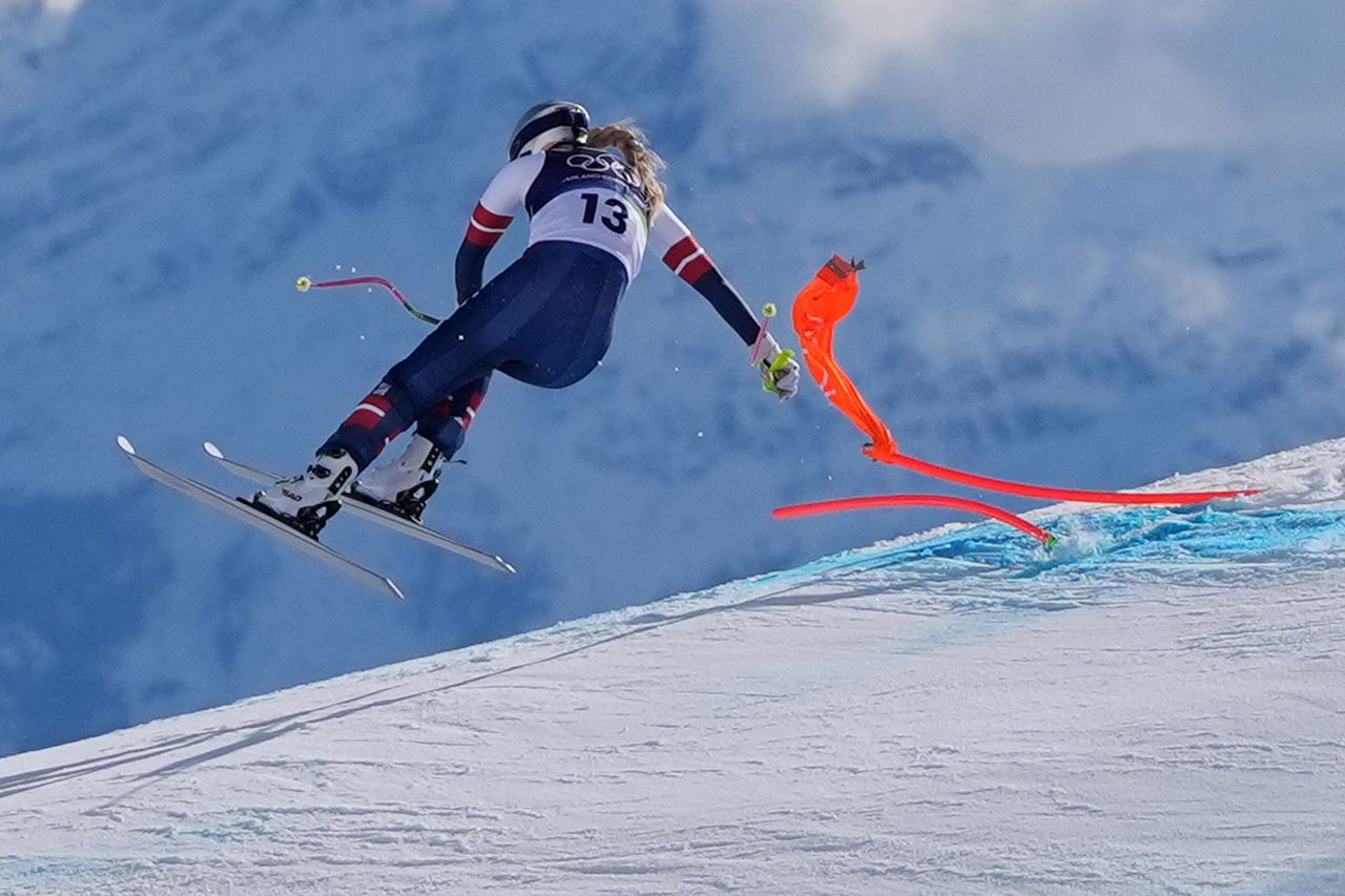 Lindsey Vonn as she caught part of a course marker at the 2026 Winter Olympics AP Photo/Jacquelyn Martin