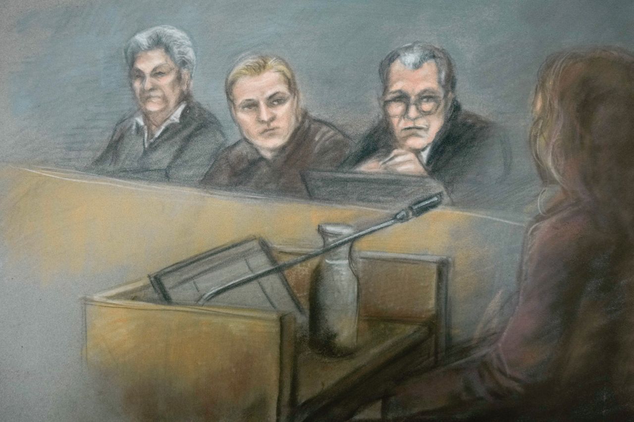 A court sketch depicts Marius Borg Hoiby (C) with his defence lawyers Ellen Holager Andenaes (L) and Petar Sekulic (2ndR) during the third day of a trial at the District Court in Oslo, Norway, on Feb. 6, 2026. Ane Hem / NTB / AFP via Getty
