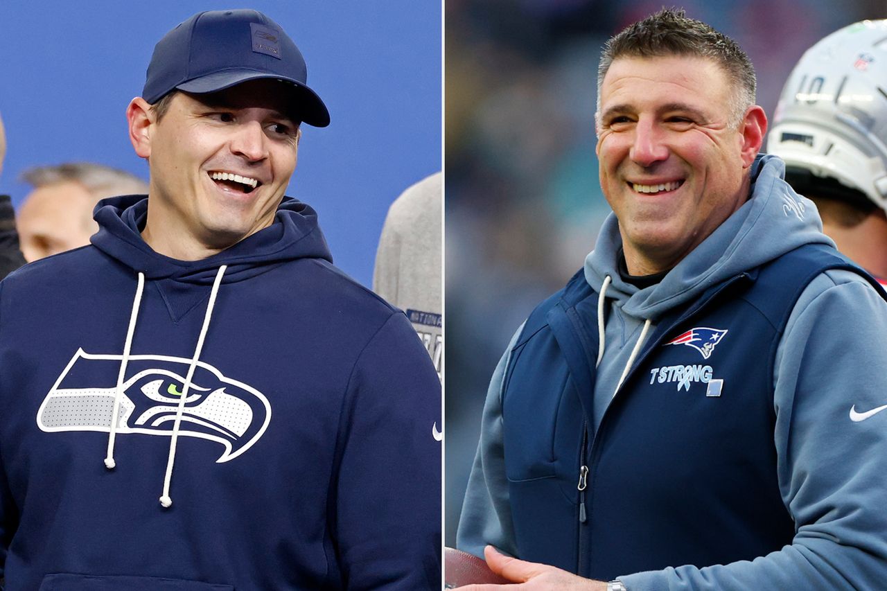 Seattle Seahawks head coach Mike MacDonald; New England Patriots head coach Mike Vrabel Joe Robbins/Icon Sportswire via Getty; Danielle Parhizkaran/The Boston Globe via Getty