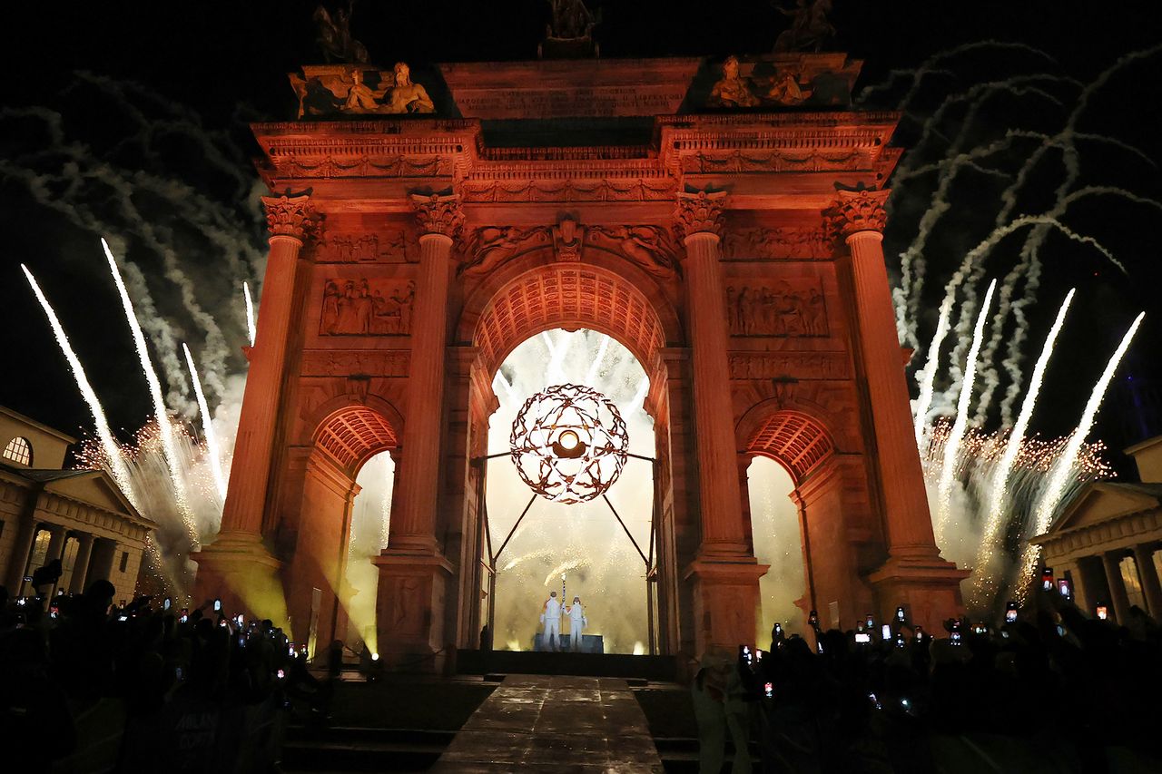 A firework display is seen at the Arco della Pace after the lighting of the Olympic cauldron during the opening ceremony of the Milano Cortina 2026 Winter Olympics at San Siro Stadium on February 06, 2026 in Milan, Italy. Olympics opening ceremony in Milan on Feb. 6. Jamie Squire/Getty