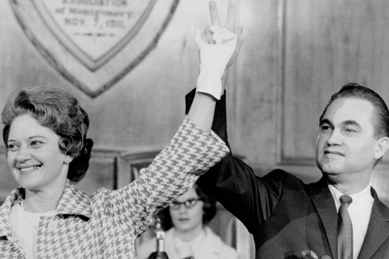 Lurleen Wallace stands with her husband, Alabama Gov. George Wallace, after announcing her campaign to succeed him Bettmann/Getty