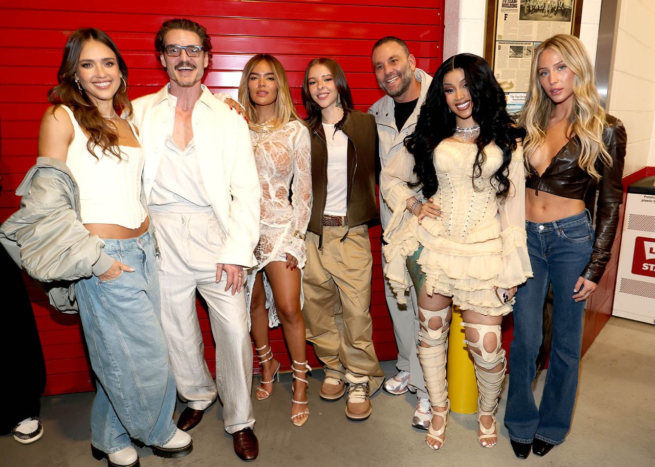 Jessica Alba, Pedro Pascal, Karol G, Young Miko, David Grutman, Cardi B and Alix Earle attend the Super Bowl LX Pregame at Levi's Stadium on Feb. 8, 2026 in Santa Clara, Calif.  Kevin Mazur/Getty
