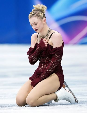 Amber Glenn of the United States reacts after the short program match of figure skating women single skating at the Milan-Cortina 2026 Olympic Winter Games in Milan, Italy, Feb. 17, 2026 Amber Glenn after her short program at the 2026 Winter Olympics Xue Yuge/Xinhua via Getty