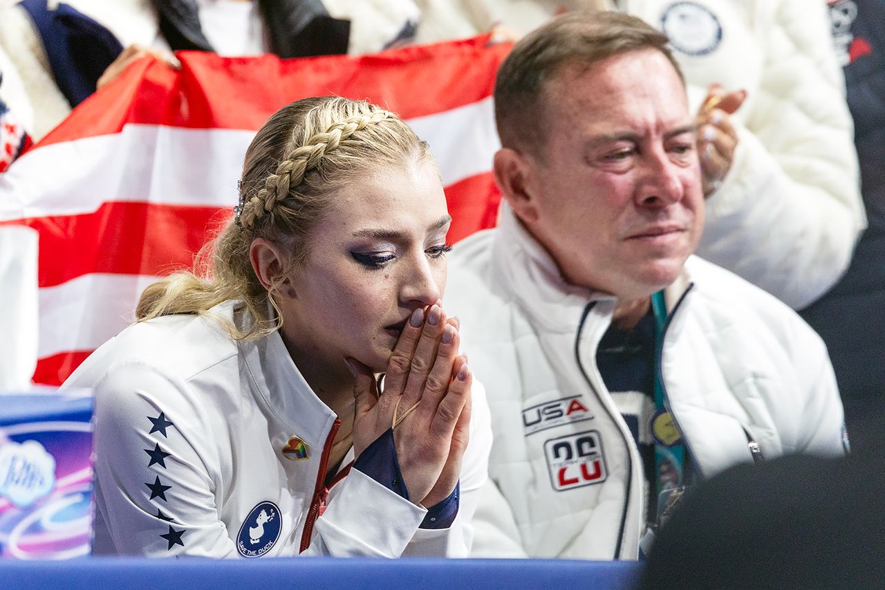 Amber Glenn of the United States reacts to her score at the Milano Cortina Winter Olympic Games 2026 Tim Clayton/Getty