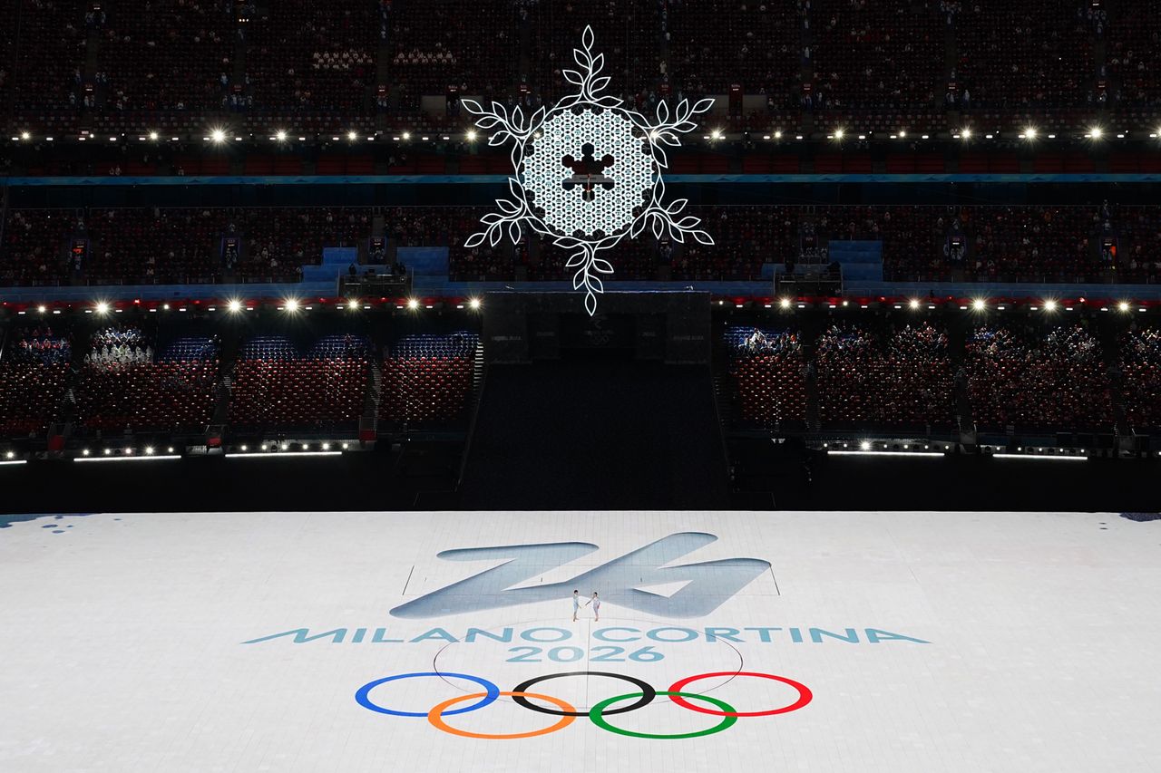 Olympic cauldron and the Emblem of the 2026 Winter Olympics are seen during the Beijing 2022 Winter Olympics Closing Ceremony on February 20, 2022 in Beijing, China. Cui Nan/China News Service via Getty