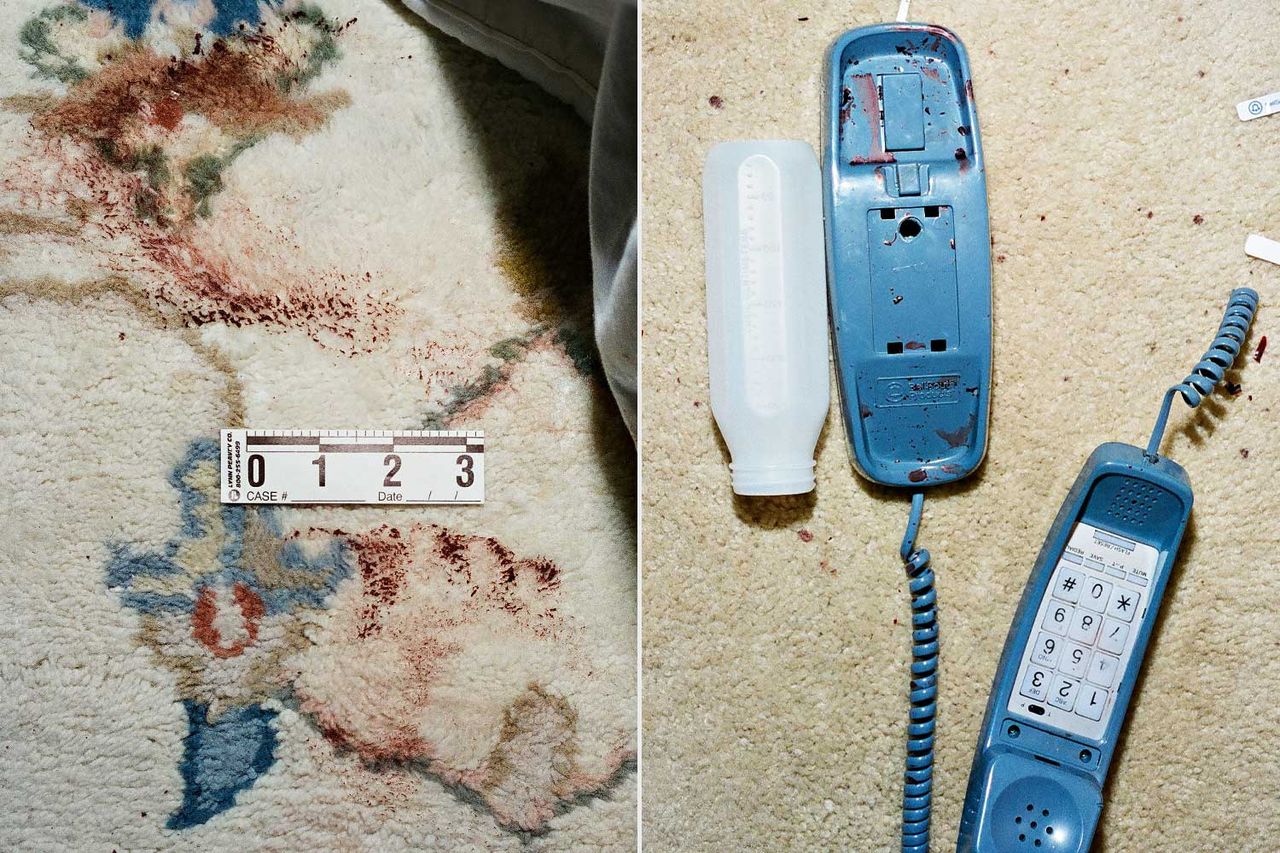 Stephen Smerk case: blood on the carpet; Stephen Smerk case: phone with blood spatter and severed cord Crime scene Fairfax County Police Department (2)