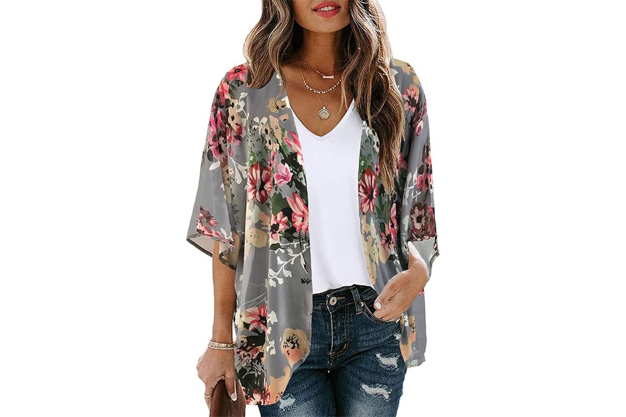 Women's Floral Print Puff Sleeve Kimono Cardigan Loose Cover Up Casual Blouse Tops Amazon