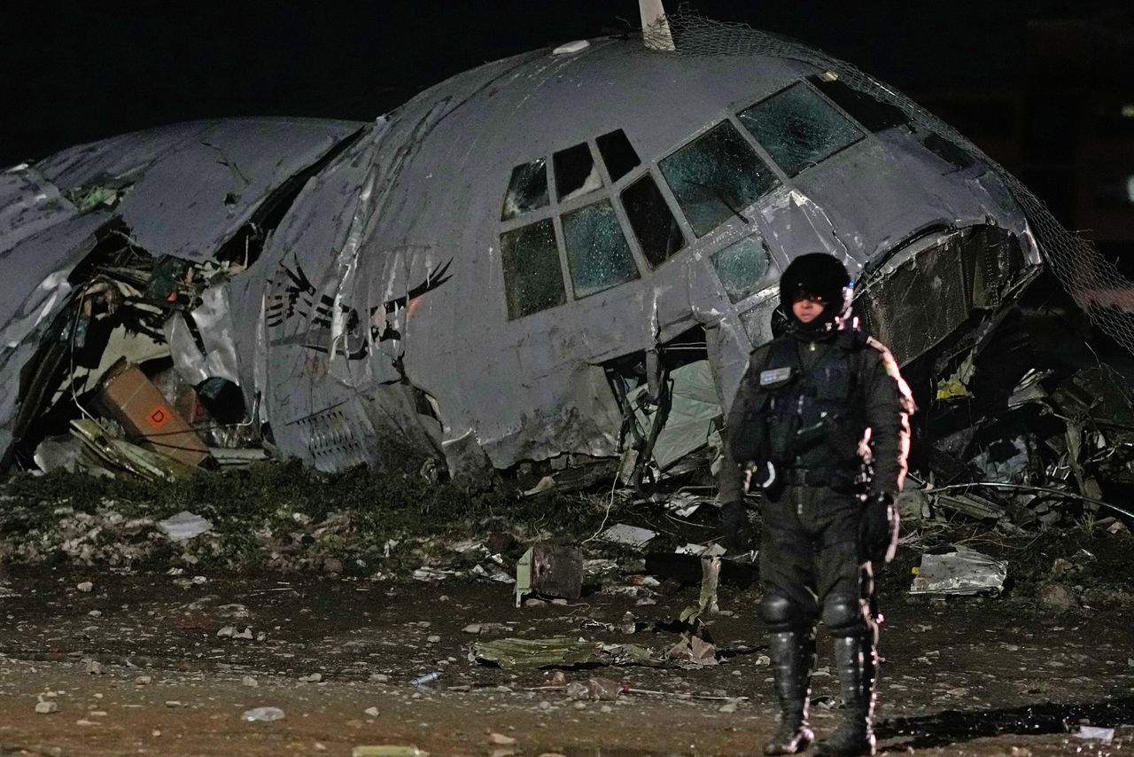 A crashed airplane with a person in tactical gear standing nearby A military police stands next to a plane that crashed in El Alto, Bolivia, Friday, Feb. 27, 2026.Credit: AP Photo/Juan Karita