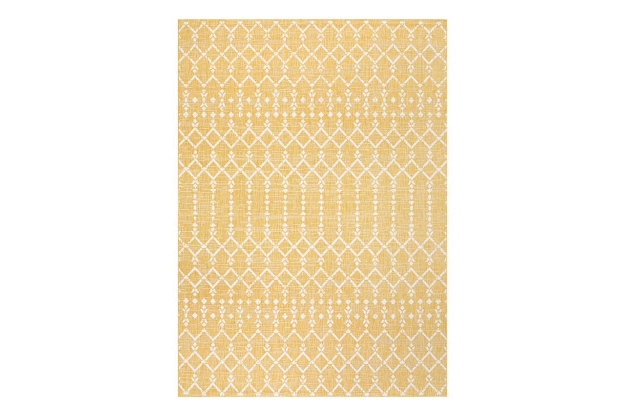 Krystina Moroccan Geometric Textured Weave Yellow/Cream Indoor/Outdoor Rug Credit: Wayfair