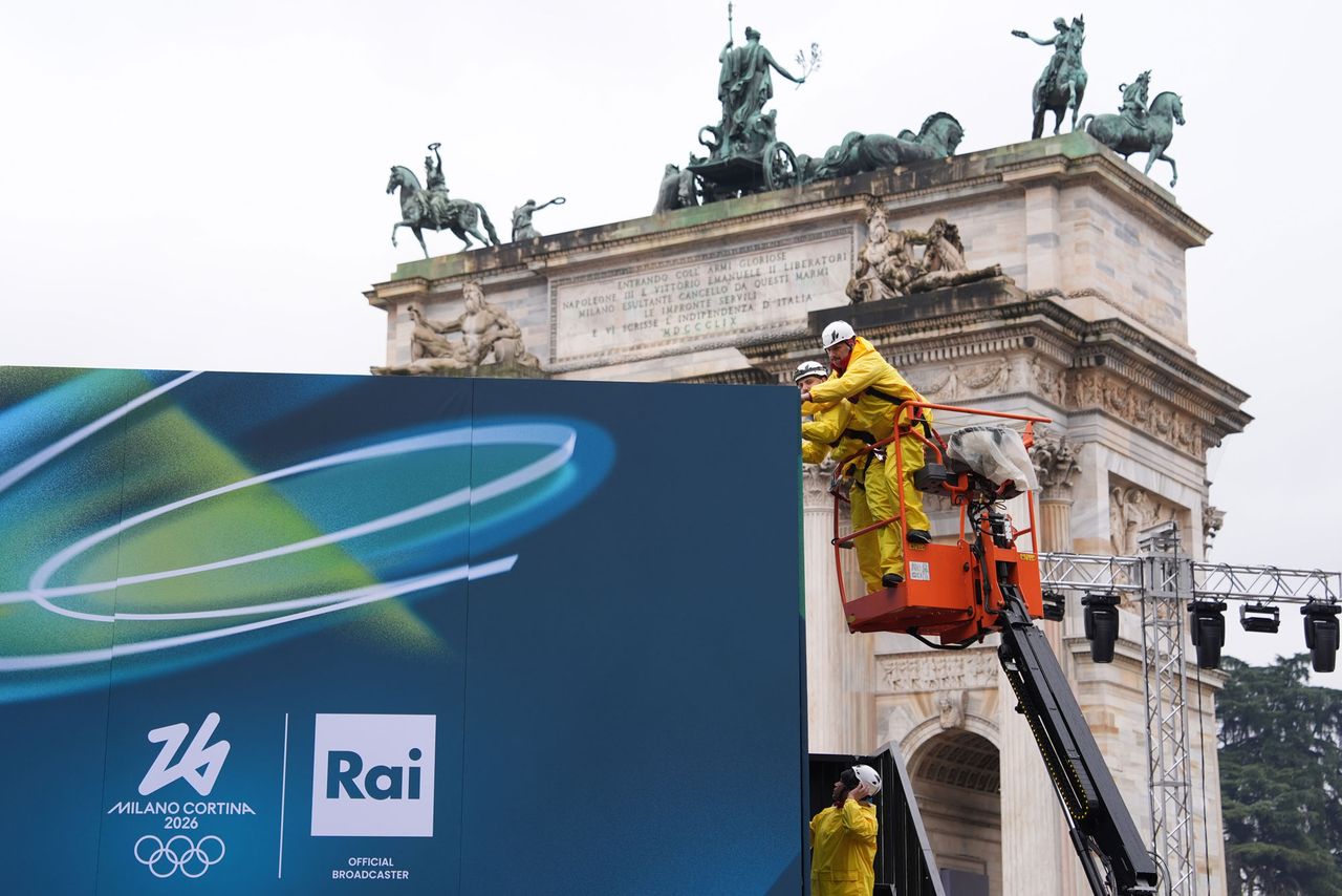 Workers carry out construction work at the Arch of Peace on February 3, 2026 in Milan, Italy. For the 2026 Milan-Cortina Winter Olympics, the Olympic flame will be lit and extinguished simultaneously in the two host cities of Milan and Cortina d'Ampezzo. The organizing committee has set up main cauldrons at the Arch of Peace in Milan and at Piazza Angelo Dibona in Cortina d'Ampezzo. Workers carry out construction work at the Arch of Peace in Milan, Italy, on Feb. 3, 2026 Jiang Qiming/China News Service/VCG via Getty
