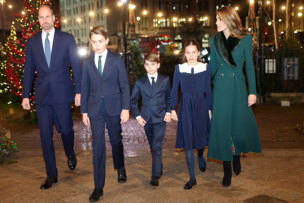 From left: Prince William, Prince George, Prince Louis, Princess Charlotte, Princess Kate in London in December 2025 Chris Jackson/Getty