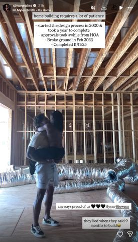 Simone Biles posts photo of her and husband Jonathan Owens' home under construction. Simone Biles/Instagram 