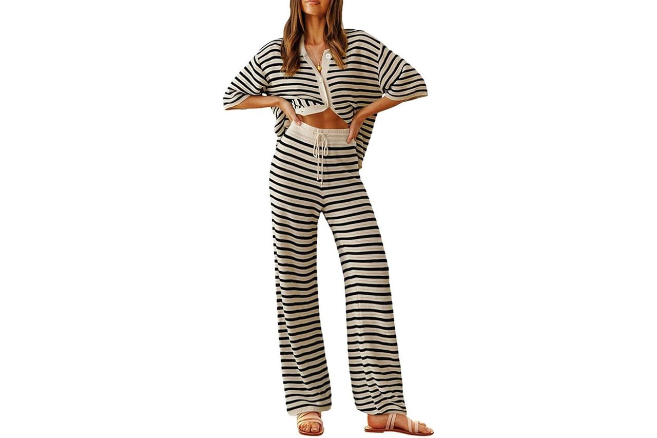 Tankaneo Womens Knit 2 Piece Lounge Sets Striped Short Sleeve Tops and Wide Leg Pants Travel Airport Vacation Outfits Amazon