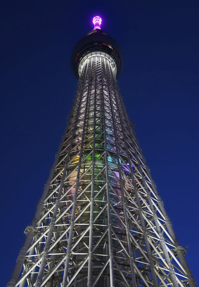 634 meters high Tokyo Skytree, broadcasting and observation tower in Sumida illuminated at night in the city Tokyo, Japan, Asia The Tokyo Skytree tower at night Sven-Erik Arndt/imageBROKER/Shutterstock
