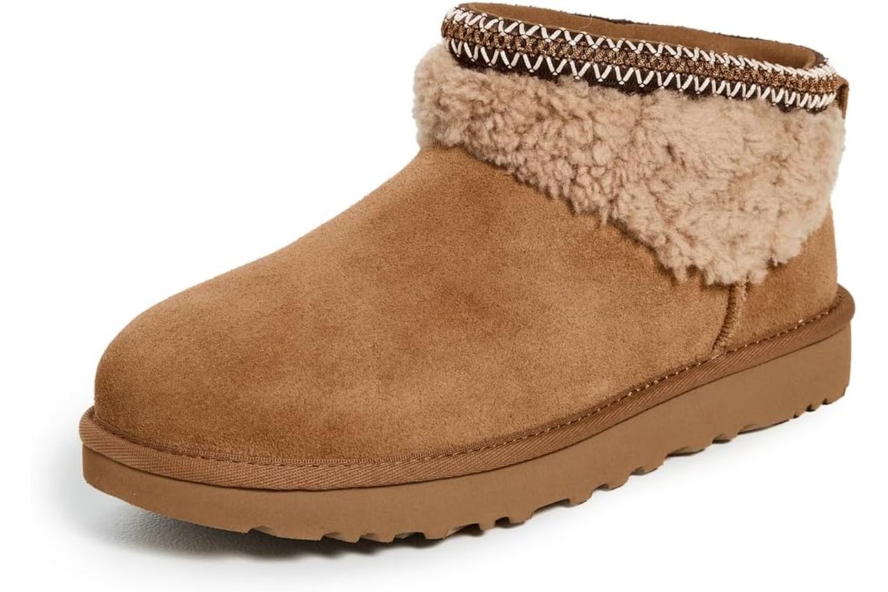 An UGG Classic Ultra Mini boot with a fluffy lined design and a thick sole product detail shot Amazon