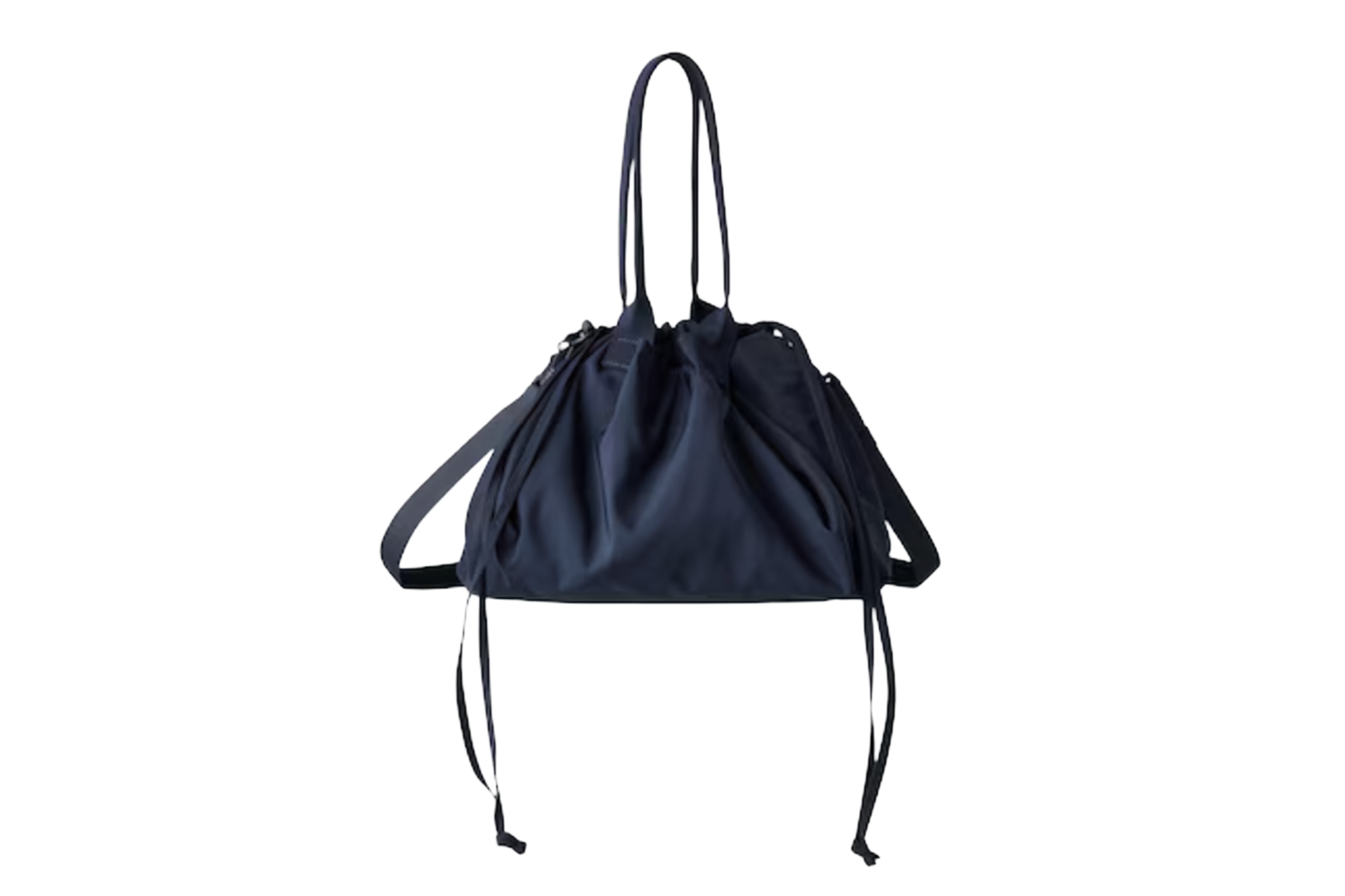 Navy blue drawstring shoulder bag.
